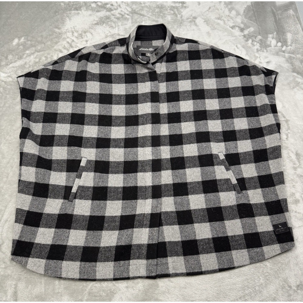 Eddie Bauer Wool Poncho Womens Medium Oversized Cape Wrap Gray Plaid Western